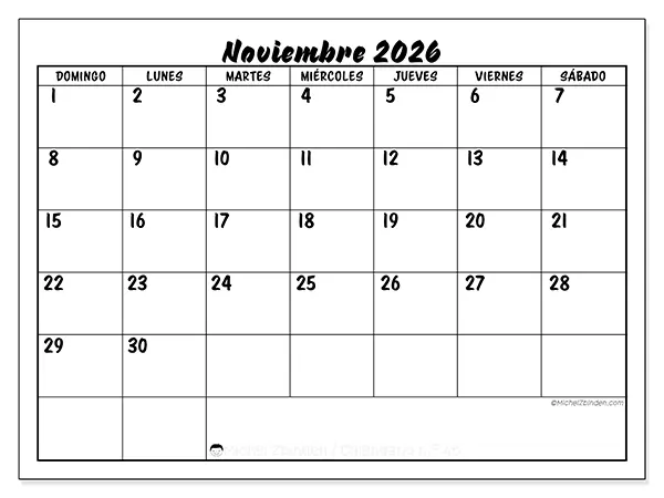 Calendario de noviembre de 2026 para imprimir - Éxito escolar - Semana de domingo a sábado