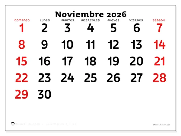 Calendario de noviembre de 2026 para imprimir - Visión clara - Semana de domingo a sábado