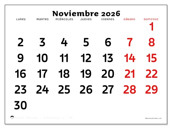 Calendario de noviembre de 2026 para imprimir - Visión clara