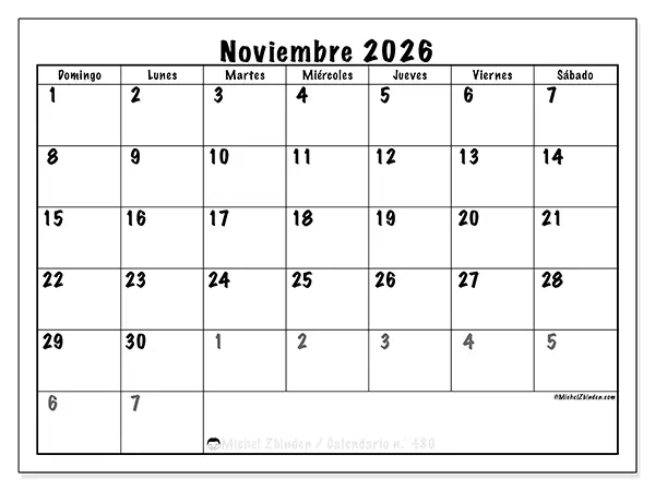 Calendario de noviembre de 2026 para imprimir - Planificación completa - Semana de domingo a sábado