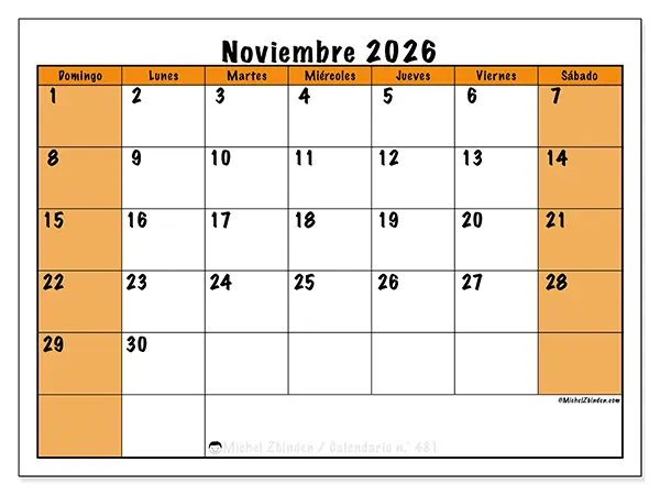 Calendario de noviembre de 2026 para imprimir - Planificación dinámica - Semana de domingo a sábado