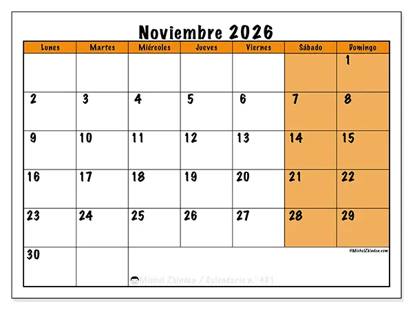 Calendario de noviembre de 2026 para imprimir - Planificación dinámica