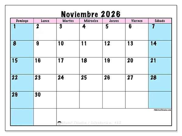 Calendario de noviembre de 2026 para imprimir - Horario de equipo - Semana de domingo a sábado