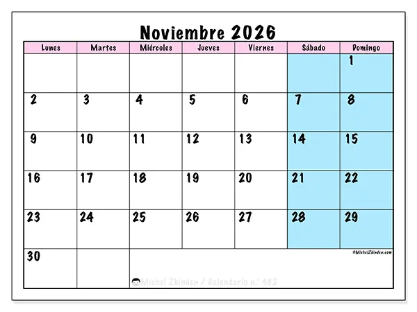 Calendario de noviembre de 2026 para imprimir - Horario de equipo