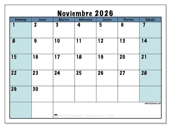 Calendario de noviembre de 2026 para imprimir - Estructura para la escuela - Semana de domingo a sábado