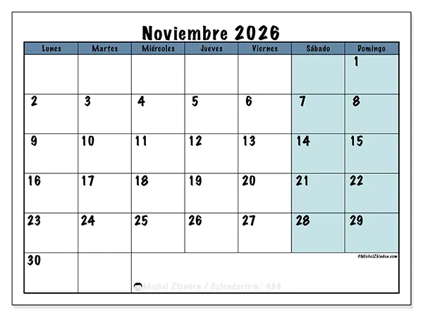 Calendario de noviembre de 2026 para imprimir - Estructura para la escuela