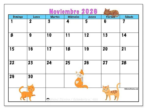 Calendario de noviembre de 2026 para imprimir - Amor por los gatos - Semana de domingo a sábado