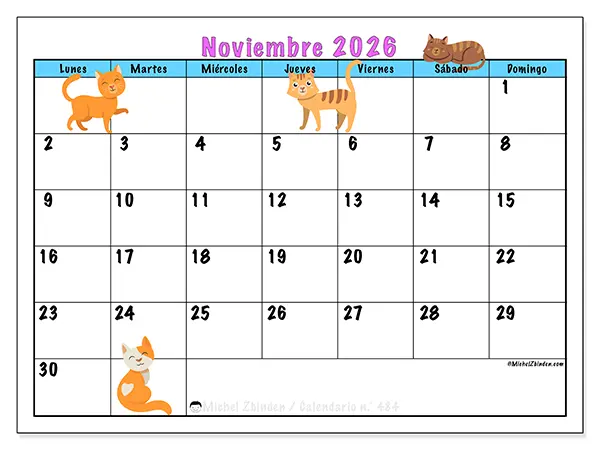 Calendario de noviembre de 2026 para imprimir - Amor por los gatos
