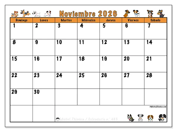 Calendario de noviembre de 2026 para imprimir - Perros entusiastas - Semana de domingo a sábado