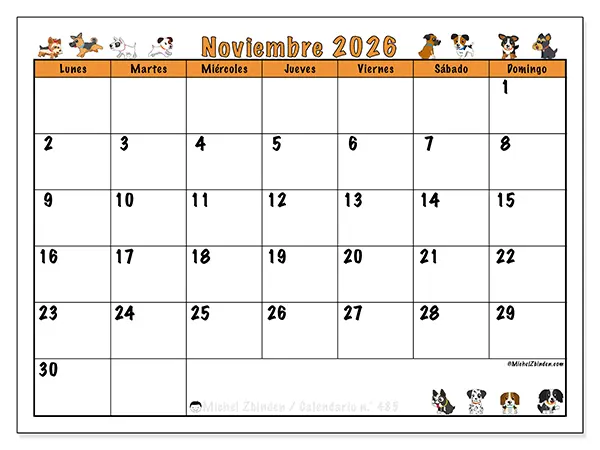 Calendario de noviembre de 2026 para imprimir - Perros entusiastas