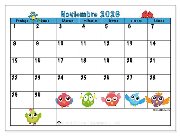 Calendario de noviembre de 2026 para imprimir - Pájaros divertidos - Semana de domingo a sábado
