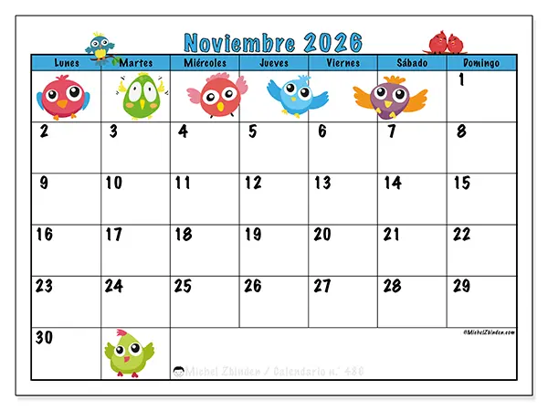 Calendario de noviembre de 2026 para imprimir - Pájaros divertidos