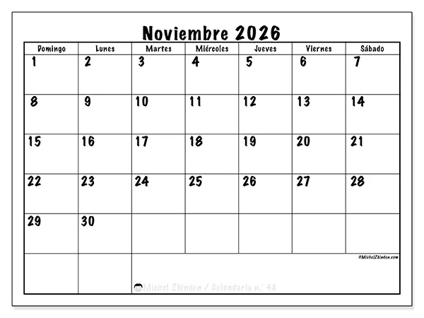 Calendario de noviembre de 2026 para imprimir - Eficiencia diaria - Semana de domingo a sábado