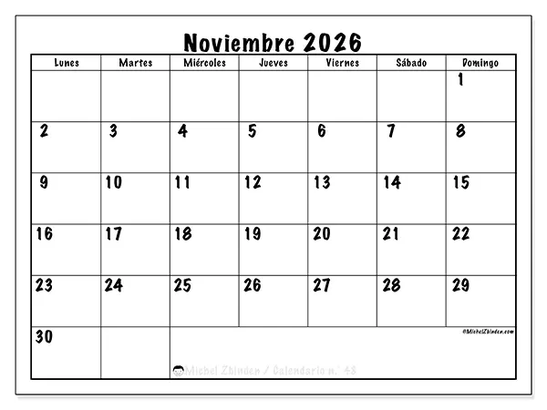 Calendario de noviembre de 2026 para imprimir - Eficiencia diaria