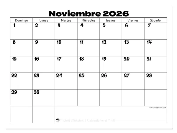 Calendario de noviembre de 2026 para imprimir - Coordinación productiva - Semana de domingo a sábado
