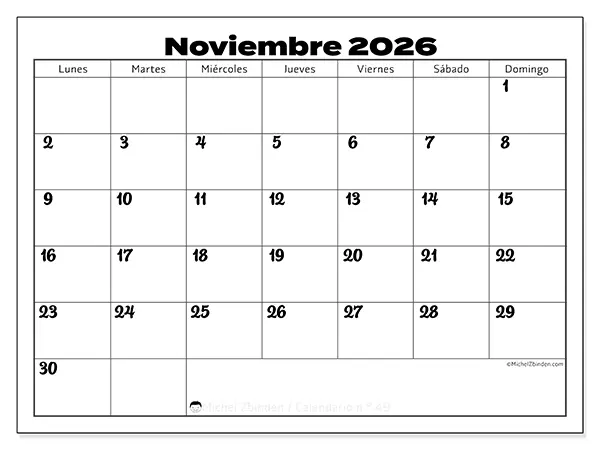 Calendario de noviembre de 2026 para imprimir - Coordinación productiva