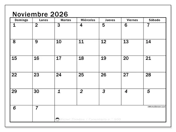 Calendario de noviembre de 2026 para imprimir - Planificación intensiva - Semana de domingo a sábado