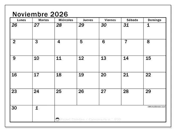 Calendario de noviembre de 2026 para imprimir - Planificación intensiva
