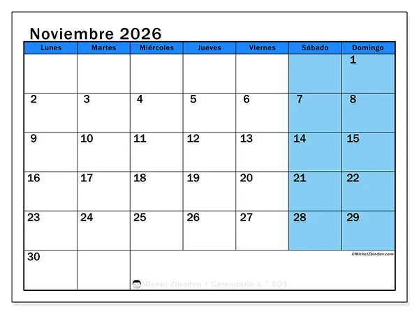 Calendario de noviembre de 2026 para imprimir - Estudios dinámicos