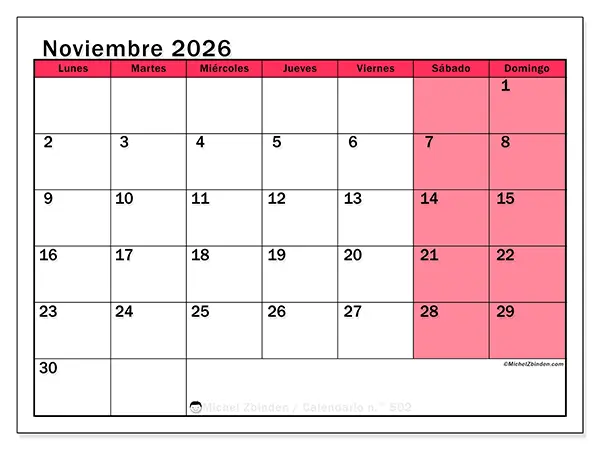 Calendario de noviembre de 2026 para imprimir - Gestión luminosa