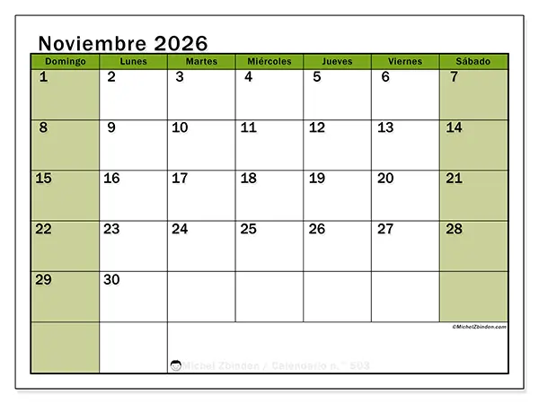 Calendario de noviembre de 2026 para imprimir - Organización viva - Semana de domingo a sábado