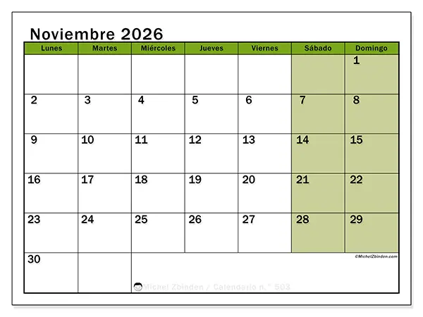 Calendario de noviembre de 2026 para imprimir - Organización viva