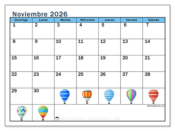 Calendario de noviembre de 2026 para imprimir - Globos aerostáticos - Semana de domingo a sábado