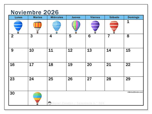 Calendario de noviembre de 2026 para imprimir - Globos aerostáticos