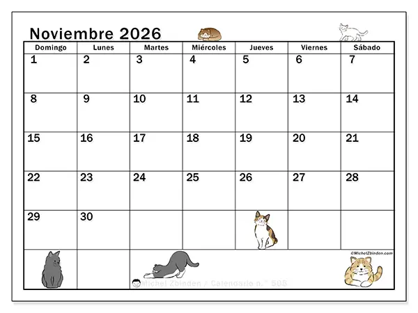 Calendario de noviembre de 2026 para imprimir - Vida de gato - Semana de domingo a sábado