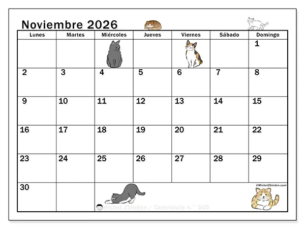 Calendario de noviembre de 2026 para imprimir - Vida de gato