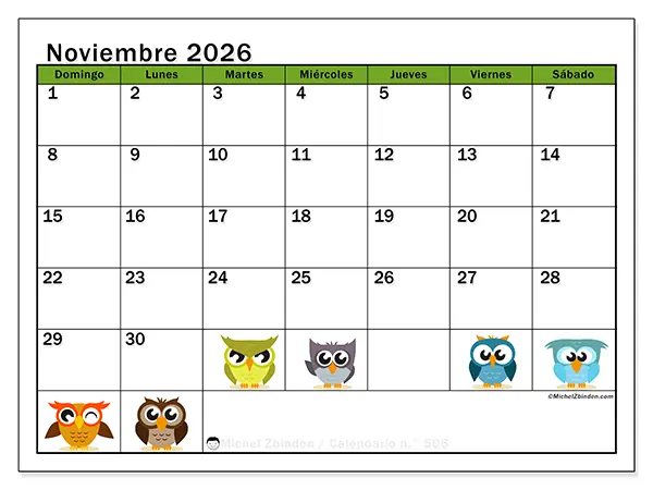 Calendario de noviembre de 2026 para imprimir - Búhos divertidos - Semana de domingo a sábado