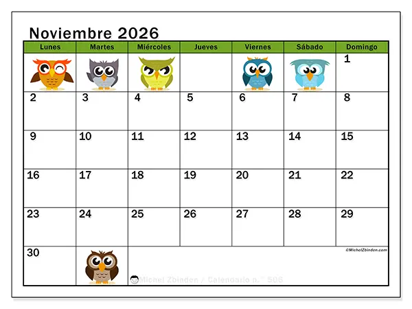 Calendario de noviembre de 2026 para imprimir - Búhos divertidos