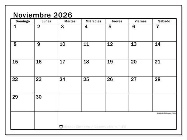 Calendario de noviembre de 2026 para imprimir - Planificación óptima - Semana de domingo a sábado