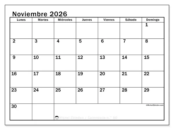 Calendario de noviembre de 2026 para imprimir - Planificación óptima