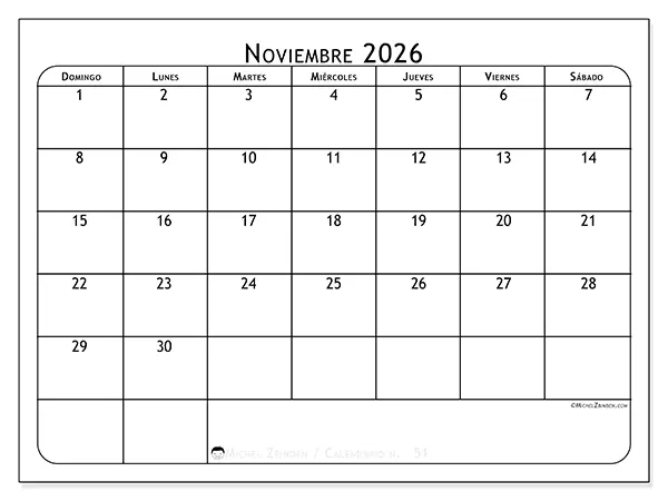 Calendario de noviembre de 2026 para imprimir - Planificador de comidas - Semana de domingo a sábado