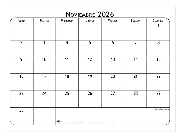 Calendario de noviembre de 2026 para imprimir - Planificador de comidas