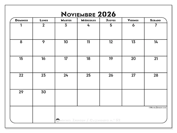 Calendario de noviembre de 2026 para imprimir - Organización profesional - Semana de domingo a sábado