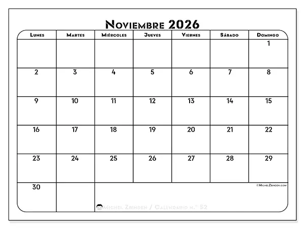 Calendario de noviembre de 2026 para imprimir - Organización profesional