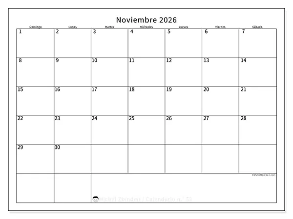 Calendario de noviembre de 2026 para imprimir - Horario eficiente - Semana de domingo a sábado