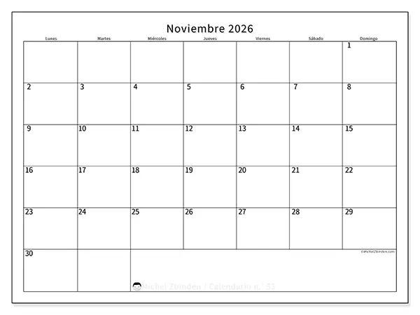 Calendario de noviembre de 2026 para imprimir - Horario eficiente