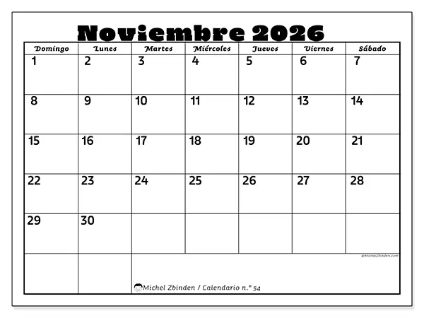 Calendario de noviembre de 2026 para imprimir - Actividades en familia - Semana de domingo a sábado