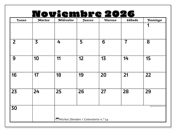 Calendario de noviembre de 2026 para imprimir - Actividades en familia