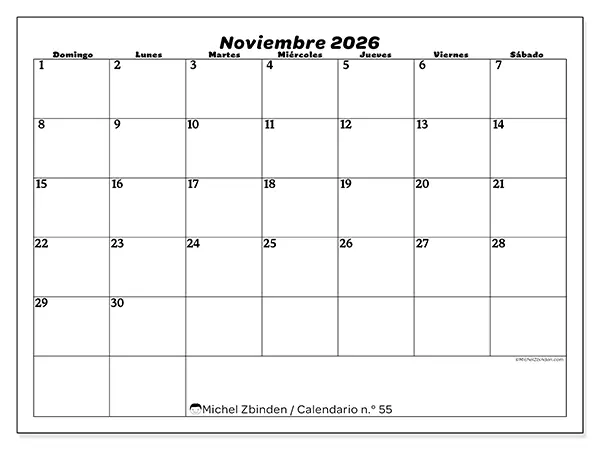 Calendario de noviembre de 2026 para imprimir - Organización del ocio - Semana de domingo a sábado