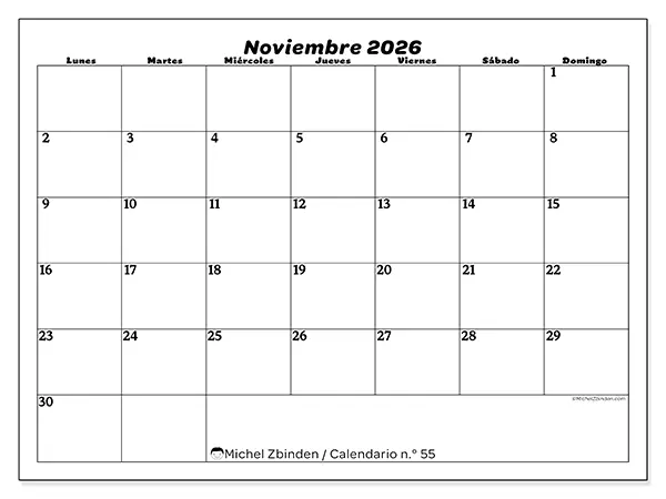 Calendario de noviembre de 2026 para imprimir - Organización del ocio