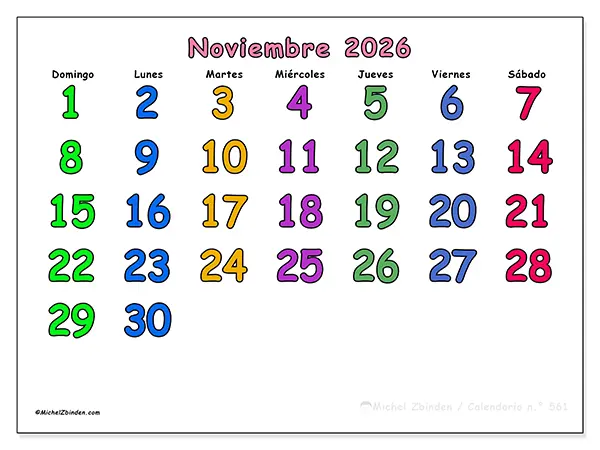 Calendario de noviembre de 2026 para imprimir - Momentos creativos - Semana de domingo a sábado