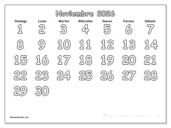 Calendario de noviembre de 2026 para imprimir - Colorear útil - Semana de domingo a sábado
