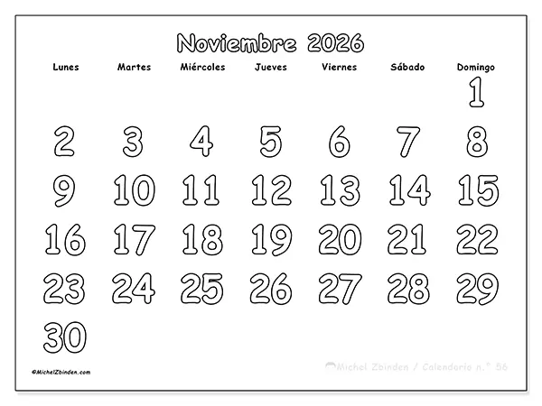 Calendario de noviembre de 2026 para imprimir - Colorear útil