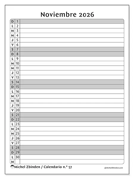 Calendario de noviembre de 2026 para imprimir - Lista de actividades