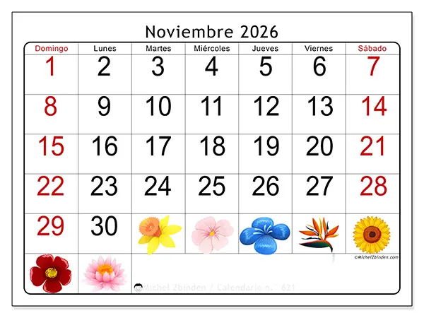 Calendario de noviembre de 2026 para imprimir - Flores grandes - Semana de domingo a sábado
