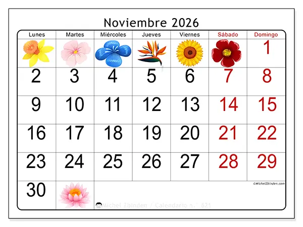 Calendario de noviembre de 2026 para imprimir - Flores grandes